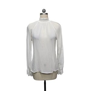 Reformation Womens Size Large Smocked High Neck Long Sleeve Blouse White Sheer